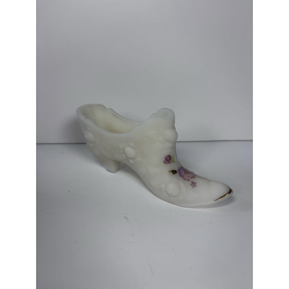Fenton White Satin Glass Hand Painted Floral Victorian Shoe Artist Signed - Picture 3 of 7